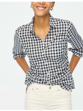 J. Crew Navy and White Gingham Button-Up Cotton Shirt Top